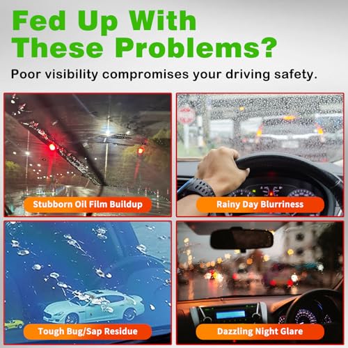 Glass Oil Film Remover for Car, Automotive Glass Cleaning Brush with 150ml Glass Compound, Windshield Cleaner for Clear Vision Clarity, Removes Oil Film & Smudges