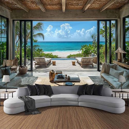 FENDROM Beach Decor Tapestry Ocean Sea Tropical Island Palm Tree Scenic View From Window Blue Sky,White Clouds Summer Tropical Scenery Wall Hanging Nature Tapestries For Bedroom Living Room Dorm - color: Beach, size: 79"L x 59"W