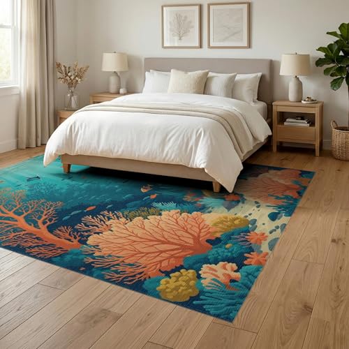 6'x9' Washable Graphic Botanical Area Rug, Turquoise Foldable Non-Slip Large Carpet for Queen Size Bedroom, Under Bed, Master Bedroom, Foldable Easy Care Carpet| Ref:1993995 - color: Blue/Pattern 42, size: 6' x 9' (Rectangular)