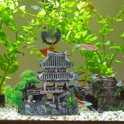 Saim Extra Large Aquarium Decorations, Resin Castle and Artificial Rock with Plants (Ancient Temple with Mountain) Fish Hideout Cave for Amano Shrimp Cichlid to Play, Hide and Rest Hardscape