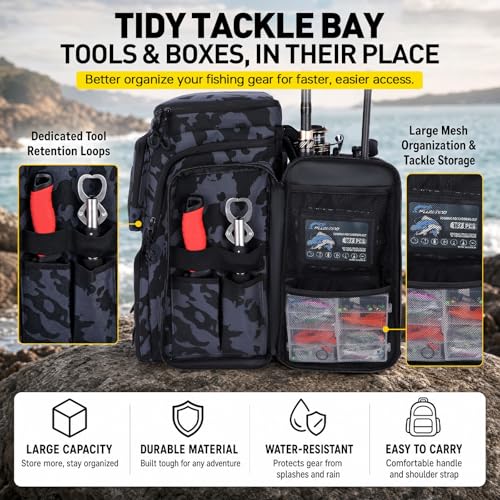 PLUSINNO Fishing Tackle Backpack with Rod Holders，42L Water-resistant Fishing Bag Store Fishing Gear, Fisher Gifts For Men. - color: Black Camouflage.