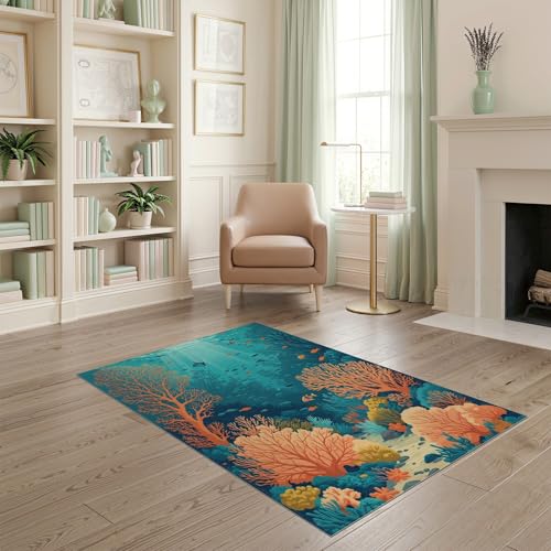 4'x6' Washable Flatwoven Rug, Orange Graphic Botanical Easy Care Throw Carpet for Dorm Room, Small Living Room, Apartment, Stain Resistant Low Profile Floor Covering | Ref:1993995 - color: Blue/Pattern 42, size: 4' x 6' (Rectangular)