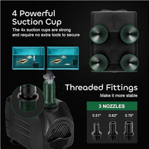 GROWNEER 550GPH Submersible Pump 30W Ultra Quiet Fountain Water Pump, 2000L/H, with 7.2ft High Lift, 3 Nozzles, 4.9 Feet Tubing for Aquarium, Fish Tank, Pond, Hydroponics, Statuary - size: 6.6x5.1in