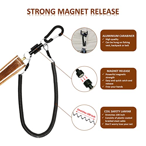 Fly Fishing Net Trout Net with Magnetic Release and Rod Holder Wooden Frame Landing Net with Soft Rubber Mesh for Catch and Release (Clear Small Holes)