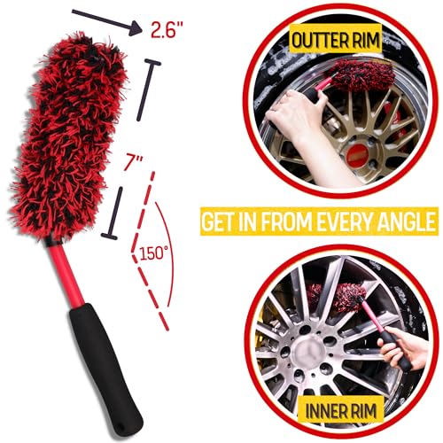 oesee Metal Free Microfiber Wheel Brush Kit- Microfiber Angled Wheel Brush, Long Handle Wheel Brush, Tire& Detailing Brush, Wheel Wash Mitt. Hands-On Wheel Detailing Kit for Daily Wheel Cleaning - color: 5 Pack (Red & Black)