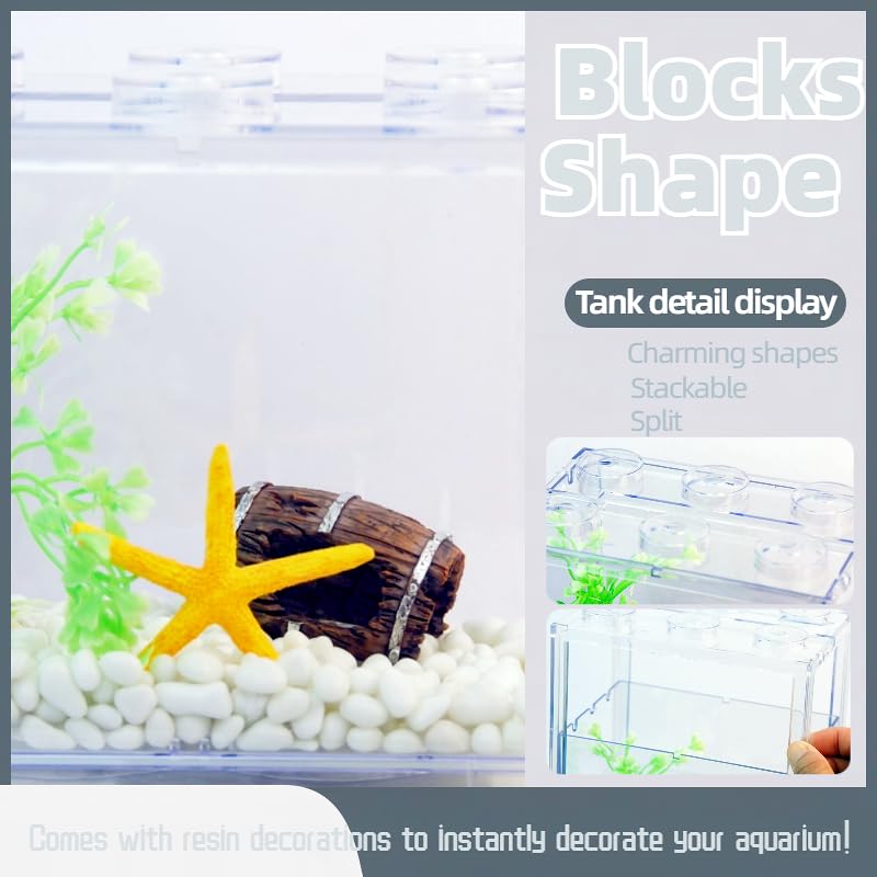 Small Betta Fish Tank, Stackable Mini Fish Tank Tiny Aquarium Tank Kit with Aquarium Gravel & Resin Decorations, 0.6 Gallon Cube Desktop Fishbowl for Snails, Crabs, Starfish (Clear) - color: Clear