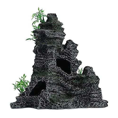 AnRui Aquarium Mountain View Rock Landscaping Decorations Fish Tank Resin Rock Hiding Cave Ornaments with Small Plant - size: 11.5"x 6"x 10.6"