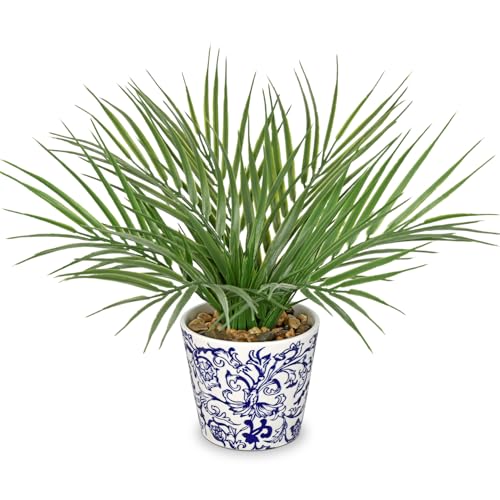 Hollyone Large Artificial Potted Plants Fake Palm Plants 13" Faux Green Plant Plastic Tropical Palm Tree in Blue and White Porcelain Ceramic Pots for Home Room Office House Indoor Decoration - color: 13" Palm Potted-blue & White Pot