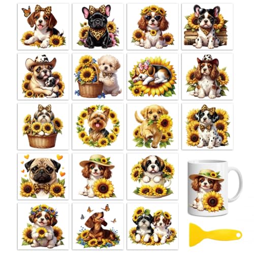 Peacoblue 18 Sheets Rub on Transfers for Crafts, Sunflowers and Puppy 3.6"x3.9" UV DTF Cup Wraps Waterproof Cold Transfers Stickers for Wood Glass Metal Cup Tumblers Mirrors Mugs Home Decor - style: Sunflowers and Puppy
