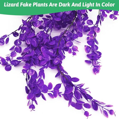 Hamiledyi Fake Reptile Plants 2 Pack Hanging Fake Plants, Plants for Reptiles with Suction Cup, Fake Amphibian Plants for Bearded Dragon Lizard Geckos Chameleon Tank (Purple) - color: Purple, size: 2 PCS