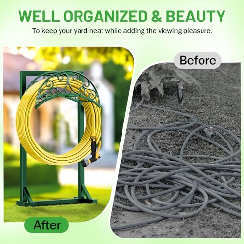 Garden Hose Holder - Upgraded Water Hose Holders for Outside with 5 Spikes & 2 Shepherds Hooks, Freestanding Hose Stand Hose Hanger Hose Storage Hose Reel Rack for Yard Lawn(Green) - color: Green