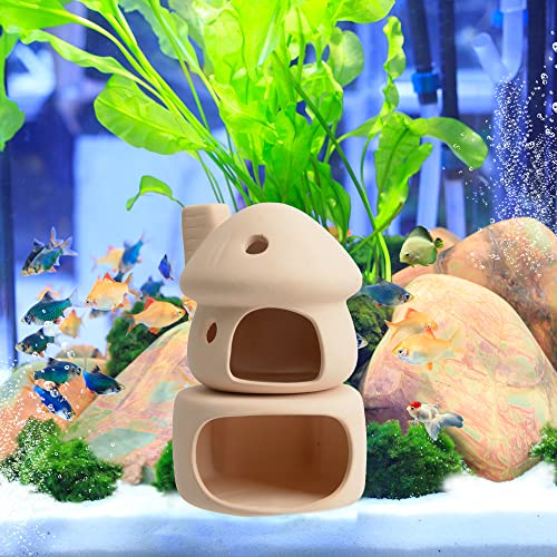 Aquarium Decor Ceramic Mushroom House with Cave Set Ornament Fish Tank Landscape Decoration for Small Shrimp for Goldfishes to Rest (Yellow) - color: Yellow B
