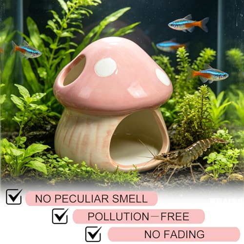 Cute Aquarium Mushroom House Betta Fish Tank Accessory Decor Mini Ceramic Fish Hideout Shrimp Cave Ornament (Pink)