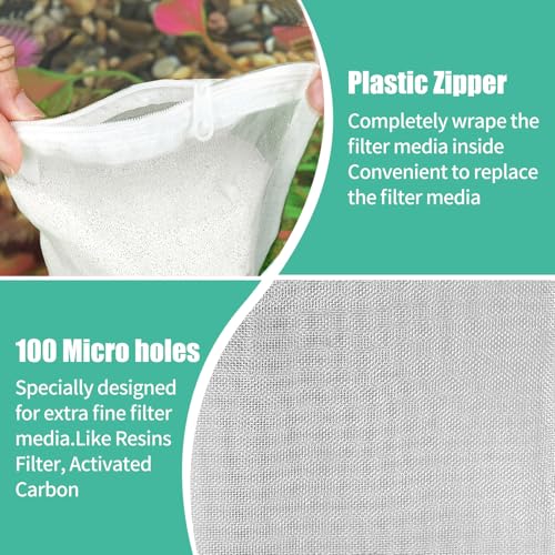 AQUANEAT Aquarium Filter Media Bags 6pcs Fish Tank Extra Fine 100 Micron Mesh Bags with Plastic Zipper for Activated Carbon (5.5” x 8”) - size: 5.5” x 8”