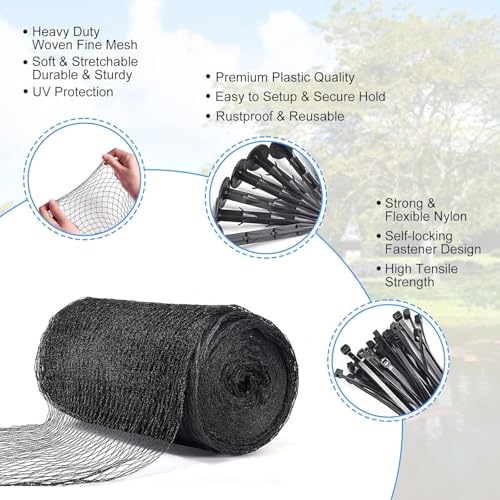 BUZIFU Pond Netting, 10 x 10FT Pond Net for Koi Ponds, Garden Pool Fine Mesh Pond Netting Cover for Leaves, Protects Koi Fish from Birds Cats Predators, with 12 Stakes and 30 Cable Zip Ties - size: 10x10FT