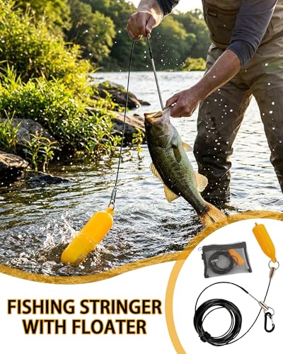 Steel Wire Fish Stringer Fish Holder for Caught Catch with High-Visibility PVC Float Wear Rope for Spearfishing & Angling Ground Plug & Stringer Set (19.7 Feet)