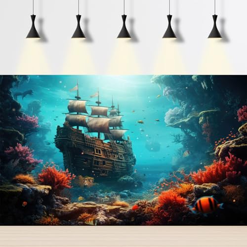 Underwater World Aquarium Background Vibrant Underwater Coral Reef Sunken Wooden Ship Ruins Fish Tank Background Tropical Seascape Terrarium Backgrounds Undersea Shipwreck Reptile Backgrounds 24x12in - color: Blue_Orange, size: 24(W)x12(H)in