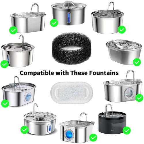 Wonder Creature 8 Pack Cat Water Fountain Filter Replacement, 4+4/8+8/12+12/16+16 Pack for Stainless Steel Cat Water Fountain 2L/67oz and 3.2L/108oz, 4 Carbon Filters & 4 Pre-Filter Sponges