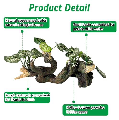 PINVNBY Branches for Reptiles,Crested Gecko Resin Climbing Tree Branch with Hideout Cave Bearded Dragon Tank Accessories Lizard Terrarium Habitat Plant Decorations for Snake Gecko Spider Frog(Green) - color: 【green】