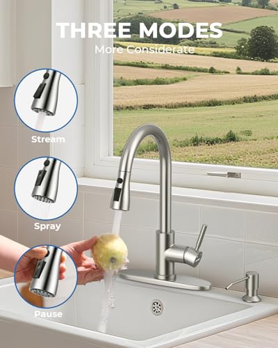 WEWE Kitchen Faucet with Soap Dispenser and Pull Down Sprayer, RV Single Handle Classic 3 Modes Stainless Steel Faucet for Kitchen Sink, RV, Stainless Steel - color: Brushed Nickel, style: Classic