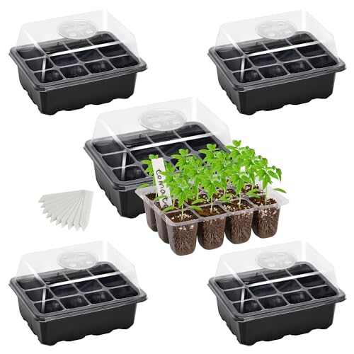Bonviee 5-Pack Seed Starter Tray Seedling Kits,Plant Starter Kit with Adjustable Humidity Dome and Base Indoor Greenhouse Mini Propagator for Seeds Growing Starting (12 Cells per Tray,Black) - color: Black, size: 5 Packs, NO light