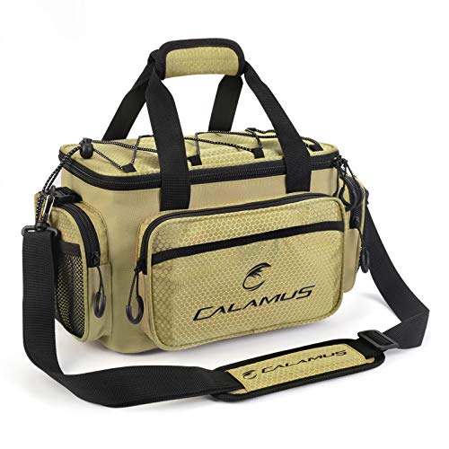Calamus Fishing Tackle Bags - Fishing Bags for Saltwater or Freshwater Fishing - Rip-Stop PE - Padded Shoulder Strap - Pliers Storage -Khaki - color: C：Khaki(without trays)-14.3*9*7.5 inches