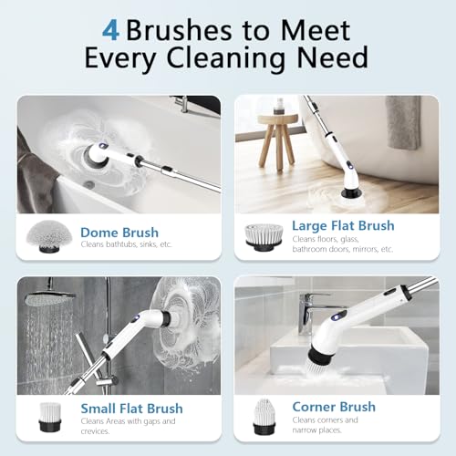 Electric Spin Scrubber, Full-Body IPX7 Waterproof Bathroom Scrubber with Power LCD Display, 8 Replacement Head, Adjustable Extension Handle, Cordless Shower Cleaner Brush for Bathtub Cleaning - color: Grey White