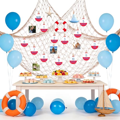 60x60 Inch Fishing Net Decor with Wooden Clips, Fishing Photo Banner The Big One Fishing Birthday Decoration Beige Natural Cotton Large Decor for Pirate Under The Sea Nautical Mermaid Themed Party