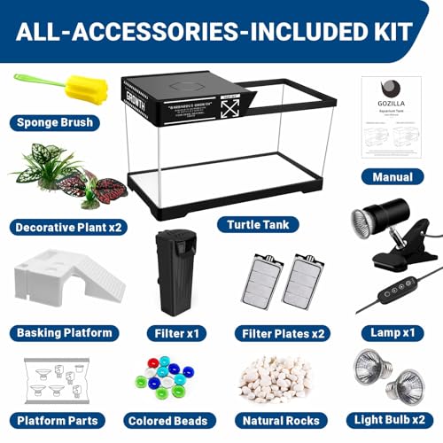 GOZILLA Turtle Tank+Lamp+Filter Kit, Upgrade PC Turtle Tank Starter Kit with Filter & Adjustable Lamp,Reptile Habitat Basking Platform with Lid for Small Reptiles.(19.68× 9.52× 9.44''/Large-Black-Kit) - color: Large-Black-KIT