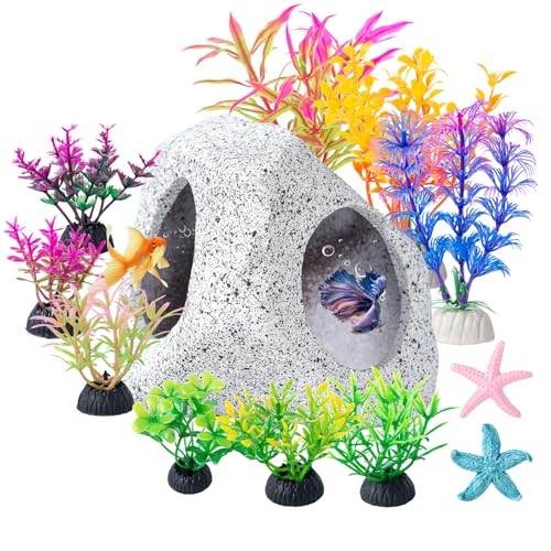 COMSUN 12 PCS Aquarium Decoration Cave Set, Ceramic Fish Tank Hideaway Rock Accessories, Colorful Plastic Aquarium Plants & Resin Starfish, Small Fish Tank Ornaments for Pet Fish to Hideout and Rest