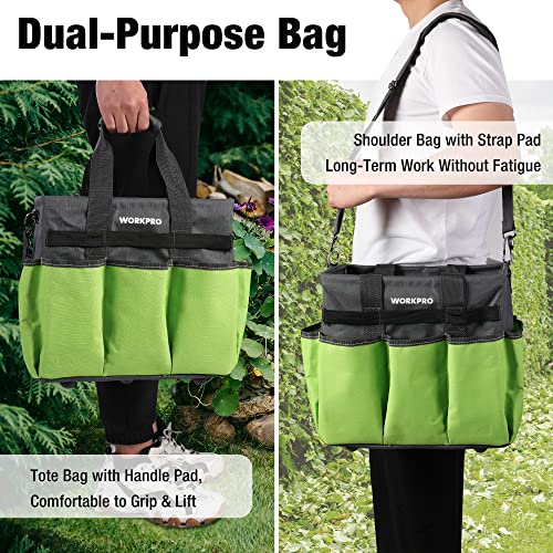 WORKPRO Garden Tool Bag Organizer, Heavy Duty Gardening Tote Bag with 10 Pockets and Long Adjustable Shoulder Strap, Standable Garden Home Tool Kits Organizer, Green (Tools are not Included) - color: Green