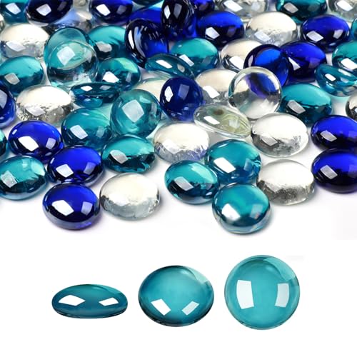 SUREAM Fireplace Glass Rock, 1 LB Multicolor Flat Glass Marbles for Vase Filler Table Scatter Aquarium Decor, Deep Blue, Blue, Transparent - color: Clear、blue、deep Blue