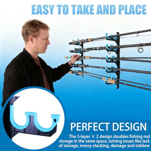 Fishing Rod Holders for Garage, Wall or Ceiling Mounted Fishing Rod Rack, Fishing Pole Holders with Soft Protective Pad, Holds up to 10 Rod or Combos or Nets Storage (2 PACK) - color: 2 PACK (Store 20 fishing rods or combos)