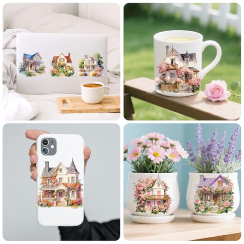 Peacoblue 18 Sheets Rub on Transfers for Crafts, Beautiful House with Flowers 3.6"x3.9" UV DTF Cup Wraps Waterproof Cold Transfers Stickers for Wood Glass Metal Cup Tumblers Mirrors Mugs Home Decor - style: Beautiful House with Flowers