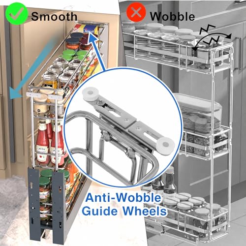 JOWBOOW 6 Inch Pull Out Cabinet Organizer (5.9" W), Fully Assembled Narrow Slide Out Spice Rack with Anti-Wobble Wheels& Door Mount Kit, Heavy Duty 3 Tier Pantry Storage for Base Cabinets - size: 6"W Bottom-Mount
