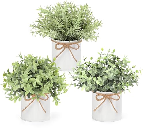 Mkono Fake Plants in Farmhouse Galvanized Metal Pots Table Centerpiece Rustic Home Decor, 3 Pack Potted Artificial Plants Faux Eucalyptus for Shelf Indoor Dining Room Office - color: White, size: 3 inch