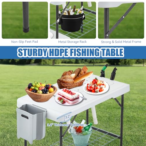 Folding Fish Cleaning Table Portable Camping Double Sinks Table w/2 Dual Water Basins, Faucet Drainage Hose & Sprayer Outdoor Fish Fillet Cleaning Station w/Knife, Storage Box,Black | Portable - style: Dual sink table
