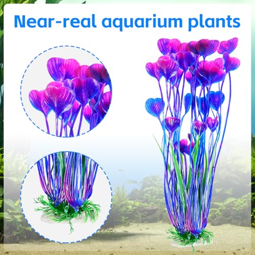 AQUANEAT Artificial Fish Tank Plants, Plastic Aquarium Accessories Large, 15.5 inch Purple Decorations, 2pcs - color: Purple