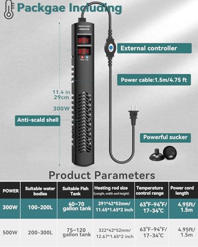 AHJ Aquarium Heater for 40-55-75 Gallon, 300W Submersible Fish Tank Water Heater with Accurate Temperature Control, Over-Temp Protect, Auto Shut-Off, Quick Heat up for Saltwater & Freshwater - size: 300W(40-55-75 Gallon)