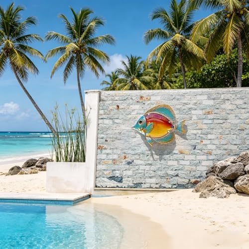 Metal Fish Wall Decor Hanging Glass Sculpture Art for Garden Yard Living Room Bedroom Patio Balcony Sea Wall Home Ocean Theme Kitchen Pool Porch, Outdoor Indoor Decorations Ocean Hanging, Orange