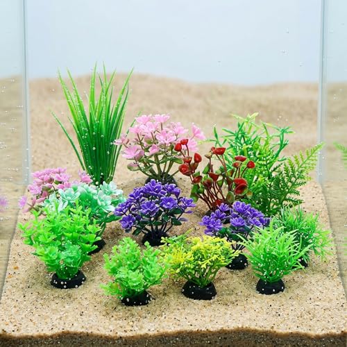 Veemoon 40 Pcs Artificial Aquarium Plants Fish Tank Decor, 1.97 Inches Mixed Style Plastic Aquatic Weeds, Small Fake Terrarium Vegetation Betta Turtle Accessories