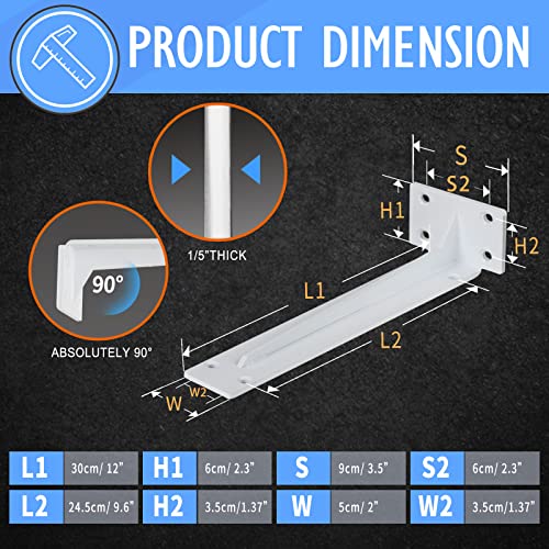 CLT Shelf Bracket( White) , 12” Quarter Inch (1/5") Thick- Max Load: 330 lb Rustic Industrial Modern Farmhouse Heavy Duty Corner Brace Joint Right Angle Bracket for DIY Table Bench, Pack of 6 - size: 12 Inch, style: White S Gusset