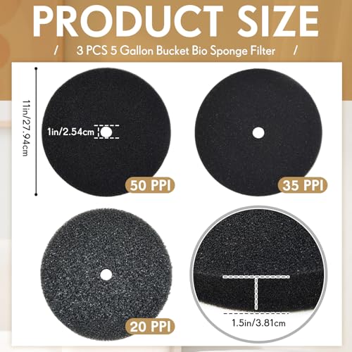 3 Pcs 5 Gallon Bucket Sponge Filter 11" Aquarium Pond Sponge Filter DIY Foam Sponge Replacement Rounded, 3 Densities Cut to Size Foam for Aquarium Fish Tank Pet Filter (20-35-50ppi Set)