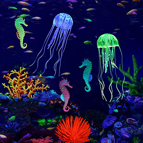 Lpraer 6 Pieces Glow Aquarium Ornaments Artificial Glow Floating Jellyfish Seahorse Anemones Silicone Simulation Fish Tank Decorations for Fish Tank - color: 6 Pcs (Jellyfish+seahorse+anemones)