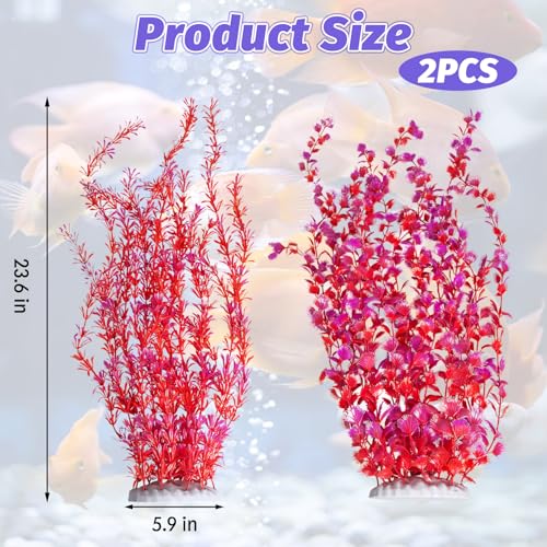 Hamiledyi Aquarium Plastic Plants Aquarium Decor Artificial Fish Tank Plants,Tall Fish Tank Decorations, Extra Large Aquarium Plant 23.6-inch Tall,2PCS（Red） - color: Red