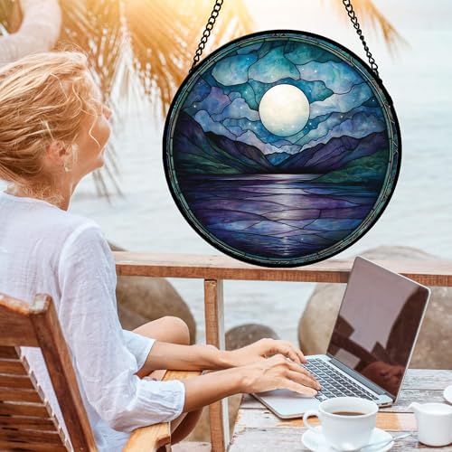 DASTOLL Stained Glass Window Hanging, Blue Night Moon Lake Sun Catchers Colorful Glass Panel Landscape Suncatcher Decor for Birthday for Women, Men, Wife, Aunt, and Mom 14.9x14.9 in - color: Blue and White, size: 14.9x14.9 IN