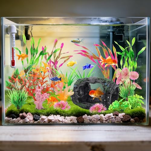 QUOZUO Broken Barrel Fish Tank Decor, 16pcs Fish Tank Accessories Artificial Plants Aquarium Ornaments for Fish Cave Hide - Resin Barrel x1pcs, Coral x2pcs, Aquarium Plastic Plants x13pcs