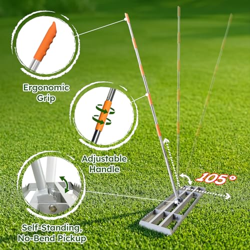Lawn Leveling Rake, 2-in-1 Double-Sided Landscape Leveler with 20 Marking Flags for Low Spot, 30"×10" Heavy Duty Stainless Steel Flat & Serrated Side for Soil Sand Gravel, Yard Garden Golf Course - style: 30"×10“