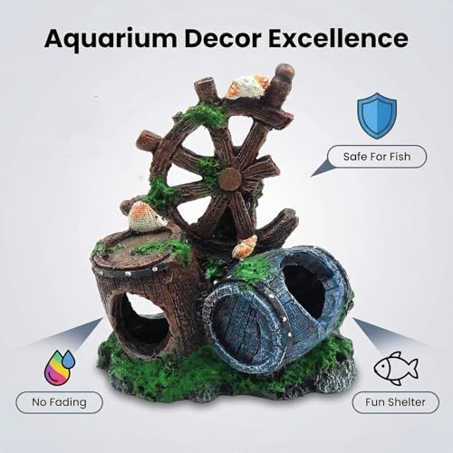 Mipukbay Fish Tank Decoration, Broken Ship Wheel & Cask Aquarium Decor Hiding Cave Ornament for Freshwater/Saltwater, Safe Landscaping Rock Resin Decoration for Betta Fish, Goldfish and Aquatic Pets - size: Broken Ship Wheel