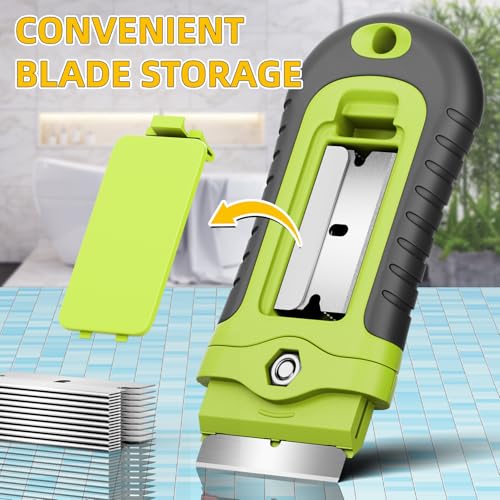 DIYSELF 1 Pack Razor Blade Scraper with 15 Extra Blades, Scraper Tool for Cleaning Window, Paint, Cooktop, Oven, Glass Stove Top Scraper, Razor Scraper with Buit-In Blade Storage (Green) - color: Green, size: 1 Pack